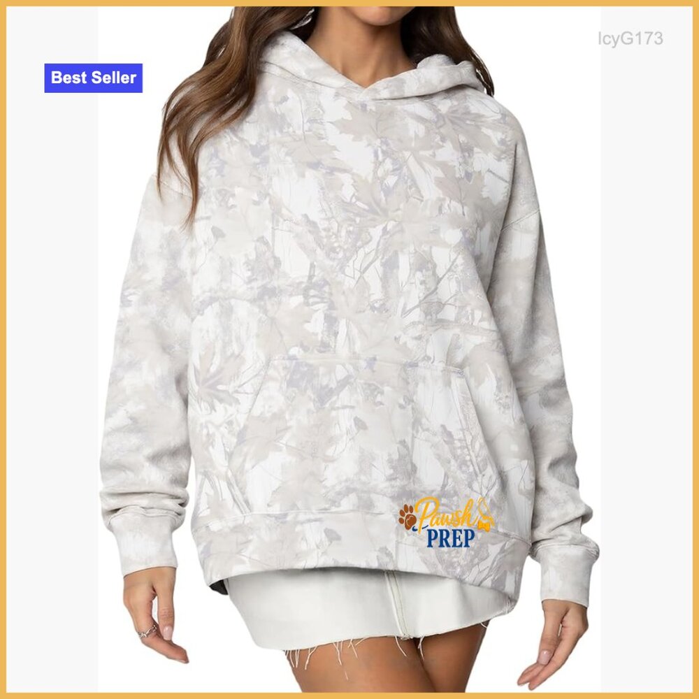 Oversized Fleece Hoodie Maple Leaf Camo Pullover Women's Sweatshirt